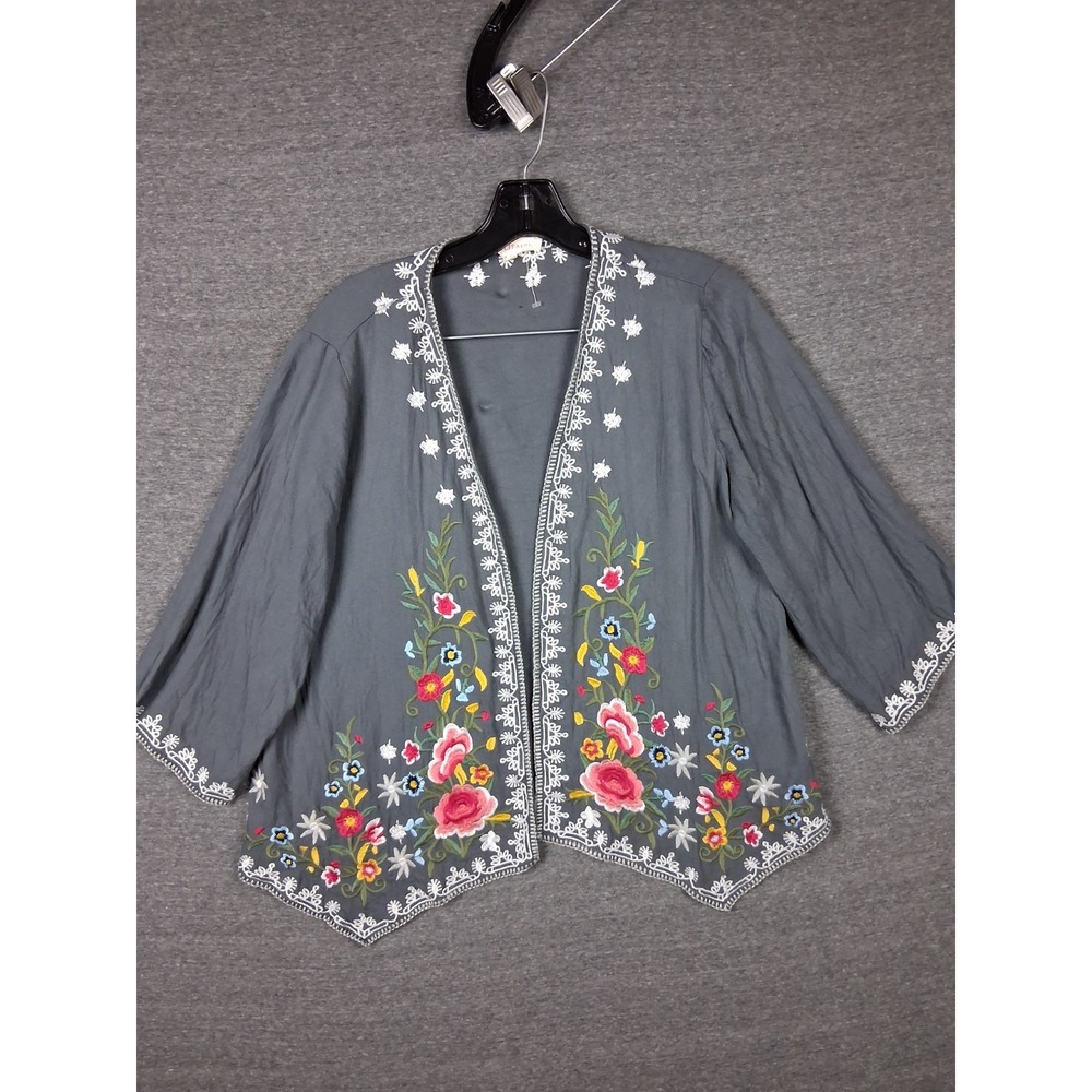 Solitaire Womens Jacket M Gray Embroidered Floral‎ Open Cardigan Boho Cottage